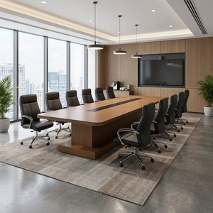 Grande table de conférence exécutive moderne en forme de bateau, table de salle de réunion en bois avec canal de gestion des câbles, bureau commercial - Product Image 6