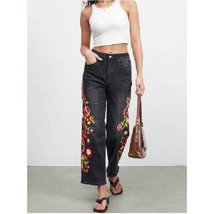 Pantalones vaqueros de mezclilla de cintura alta para mujer, con bordado floral, corte holgado, estilo bohemio, hasta el tobillo, de algodón, para verano - Product Image 2