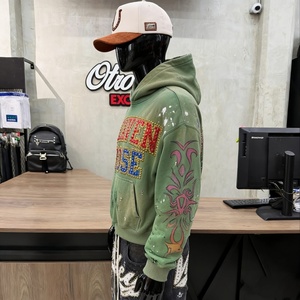 Sudadera con capucha con cremallera personalizada OEM con pedrería, estilo oversize, lavado ácido, estampado de grafiti y llamas, ropa urbana al por mayor, estilo punk Y2K - Product Image 5