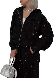 Ensemble de survêtement 2 pièces 100 % coton personnalisé, pantalon de jogging délavé à l'acide, effet empilé et vieilli, unisexe, avec strass - Product Image 4