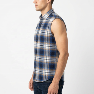 Chemises en flanelle à carreaux bleues et blanches pour hommes, dernier design, style vintage, sans manches, boutonnées, 100% coton, avec boutons-pression, OEM - Product Image 4