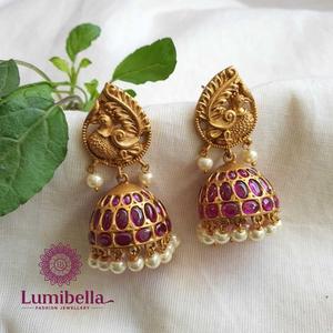 Gold Plated Pearl & Diamond Stud Jhumka Earrings for Wedding Party Gift - Product Image 1