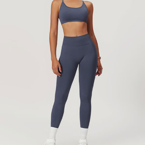 Conjunto de Yoga sin Costuras de 2 Piezas, Top Corto de Cintura Alta y Leggings Largos, Color Sólido, Espalda Cruzada, Ropa Deportiva para Mujer - Product Image 2