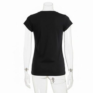 T-shirt en molleton tricoté noir à col rond et manches courtes pour femme, coupe classique, décontracté, respirant, 100 % coton, longueur normale, boutons sur le devant - Product Image 2
