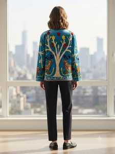 Chaqueta Suzani Azul Cielo para Mujer con Bordado Floral, Estilo Boho Chic, Prenda Exterior Étnica, Inspiración Vintage, Abrigo Artesanal - Product Image 2