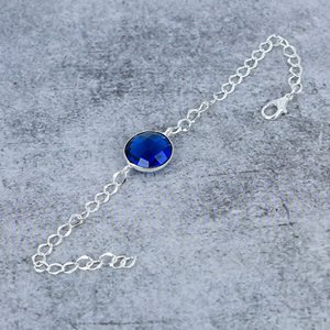 Blue Sapphire <b>Gemstone</b> 925 Sterling Silver Plated Round Shape Bezel Connector <b>Bracelet</b> For Women 7-8'' - Product Image 3