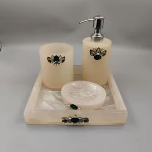 Juego de Accesorios de Baño de Resina Hechos a Mano, Color Blanco Perla, Dispensador de Jabón Líquido, Portacepillos de Dientes, Vaso, Bandeja Ovalada para Jabón, Organizador de Baño - Product Image 1