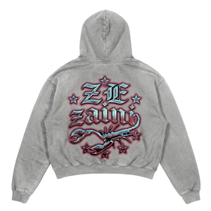 Sweat à capuche pour homme en molleton de coton lourd 500 GSM, gris délavé, impression en relief DTG, logo personnalisé, qualité supérieure, coupe ample - Product Image 2