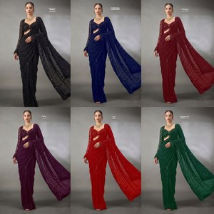 Soft Wine Sequin Lace <b>Saree</b> with Long Sleeve Blouse Indian & Pakistani Style Modern Wedding Outfit for Women Regular Length - Product Image 3