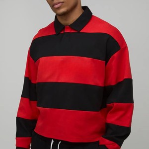 Polo de Punto Personalizado para Hombre, Talla Grande, Estilo Rugby, Diseño con Bloques de Color, Manga Larga, Rayas, Corte Regular, Rojo y Negro - Product Image 1