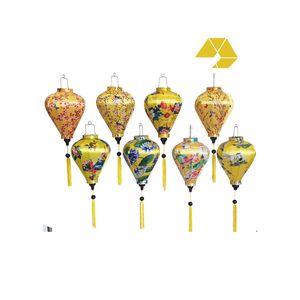 Linternas para la festividad de Tet de Vietnam, diseño floral amarillo, forma ovalada, linterna de seda hecha a mano, decoración colgante para el Año Nuevo Lunar en interiores - Product Image 1