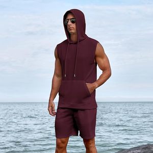Conjunto Deportivo de Hombre sin Mangas con Capucha, Color Sólido, Secado Rápido, Transpirable, Informal, para Verano, Ligero, Pantalones Cortos de Poliéster - Product Image 6