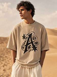 T-shirt imprimé décontracté surdimensionné à manches courtes, respirant, effet délavé, style streetwear vintage, 100 % coton, personnalisable - Product Image 3