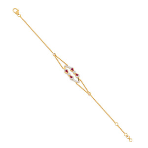 Twin Bow Diamond Chain <b>Bracelet</b> with Yellow Gold Double Chain and <b>Red</b> Stone Accent Design - Product Image 3