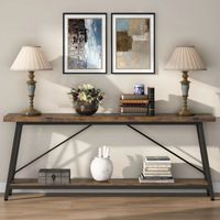 Table console à 2 niveaux en bois d'acacia massif naturel avec structure en métal noir pour salon, entrée, couloir, meubles de maison