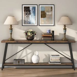 Mesa Consola de 2 Niveles de Madera Maciza de Acacia Natural con Estructura de Metal Negro para Sala de Estar, Entrada, Pasillo, Muebles para el Hogar - Product Image 4