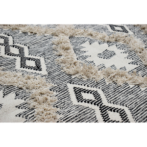 Tapis en laine tissé à la main beige crème à tissage plat avec motif losanges en relief, géométrique noir, style bohème, à franges, écologique et sans produits chimiques - Product Image 2
