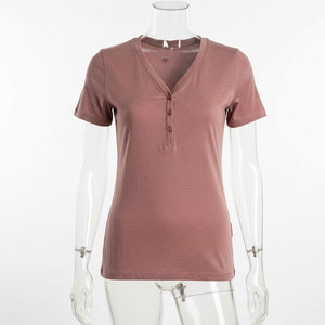 Chemisiers à manches courtes boutonnés pour femmes, col en V, couleur unie, coupe ample décontractée, t-shirt confortable en tissu de coton. - Product Image 1