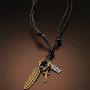 Wanderer's Faith Brass Gold 2.3-Inch Stainless Steel Pendant with Pearl Number Design & Adjustable Leather <b>Rope</b> for Men - Product Image 5