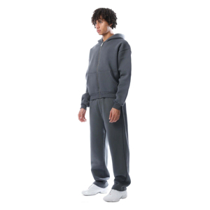 Ensemble de survêtement sportif pour homme, gris uni, à capuche, fermeture éclair intégrale, séchage rapide, coupe classique, en polyester, avec sweat-shirt et pantalon, col montant, pour l'automne - Product Image 2
