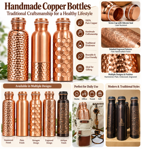 Handmade Copper Water <b>Bottles</b> with Embossed Designs, Hammered Finish, Engraved Patterns, Screw Cap for Home Gift Wholesale - Product Image 6