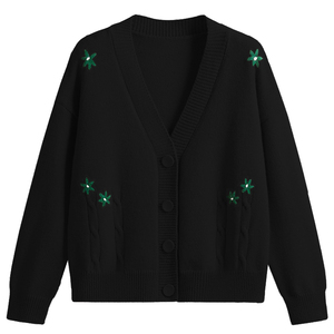 Women's <b>Black</b> Knitted <b>Cardigan</b> V-neck Long Sleeve Embroidered Floral Casual Autumn Top - Product Image 1