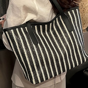 Sac fourre-tout en paille tressée rayé pour femme, sac à bandoulière en cuir PU pour la plage, sac de shopping – Fabricant - Product Image 3