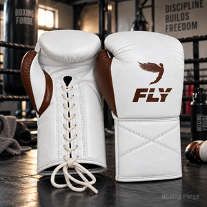 Gants de boxe professionnels en cuir Fly, à lacets, pour adultes, blancs avec accents marron, design respirant - Product Image 3