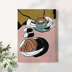 Modern Holiday Wall Art Coffee and Croissant Illustration Poster on Canvas with Wood <b>Frame</b> Cozy Cafe Wall Decor - Product Image 1