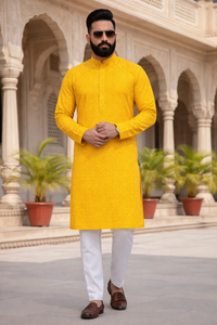 Conjunto de Kurta y Pijama de Rayón con Bordado Lucknowi para Hombre, con Lentejuelas, Ropa Étnica Tradicional India - Product Image 3