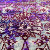 Tapis moderne vintage en laine noué à la main, motif floral vieilli, violet royal et turquoise ardoise brillant, à poils ras, avec franges, pour la maison