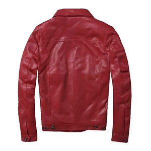 เสื้อแจ็คเก็ตหนัง PU สีแดงสำหรับผู้ชาย ทรงเข้ารูป ปกคอพับ ปิดด้วยซิป สไตล์มอเตอร์ไซค์ สำหรับฤดูใบไม้ร่วง สีพื้น - Product Image 2