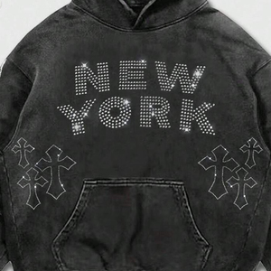 Sudadera con Capucha Extra Grande para Hombre, Personalizada con Letras y Cruz de Pedrería, Popular, de Alta Calidad, con Hombros Caídos, Lavada - Product Image 6