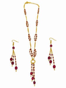 Custom Rhodium Plated Jewelry Set <b>Ruby</b> Red Gemstone Bead Station Lariat <b>Necklace</b> Chandelier Earrings Fine Women Luxury Gift - Product Image 2