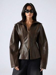 Chaqueta de Motociclista de Cuero Genuino para Mujer, Chaqueta con Cremallera, Color Marrón, Manga Larga, Cortavientos, Ropa de Invierno - Product Image 1