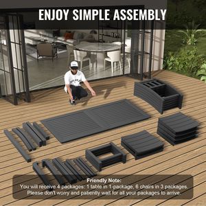 Ensemble de salle à manger de jardin 7 pièces résistant aux intempéries, table et chaises rectangulaires en HIPS pour l'extérieur - Product Image 6