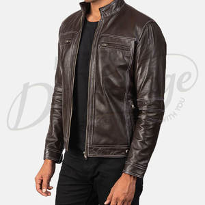 Veste en cuir véritable marron foncé pour homme, style motard, coupe ajustée, avec surpiqûres blanches contrastées, manteau d'hiver en cuir véritable - Product Image 5
