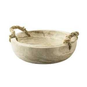Bol en bois de paulownia rustique blanchi à la chaux avec poignées en corde de jute, plateau de service rond décoratif artisanal, vaisselle de style campagnard - Product Image 1