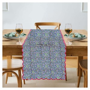 Indian Bohemian Floral Hand Block Print 100% Pure Cotton <b>Table</b> <b>Runner</b> & Dining Decor with Embroidery Edge for Wedding Home Use - Product Image 1