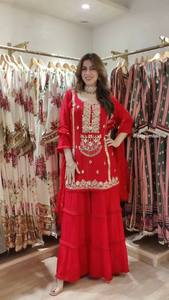 Ramdev Trading Ensemble Sharara en Chiffon Rouge Pur Lourd avec Broderie Argentée, Style Bollywood, Tenue de Mariée 3 Pièces pour Femme, Mariage et Fête de Diwali - Product Image 3
