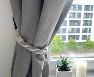 Gray and White Cotton Rope Curtain <b>Tieback</b> – Four Strand Twist Handmade Holder - Product Image 2