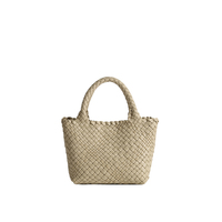 Tas Kulit Anyaman Tangan Mewah Wanita Warna Blok Mini Top Handle Tote Purse dengan Tali Lepas Pasang