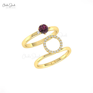 Anillo Apilable de Oro Sólido de 14k con Rodolita Granate y Diamantes de Corte Redondo de 5mm, Anillo de Compromiso y Boda para Ella - Product Image 5