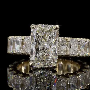 Radiant Cut Diamond Engagement Ring in White Gold with Emerald Cut Side Stones Luxury Three <b>Stone</b> Bridal Ring for Elegent Women - Product Image 4