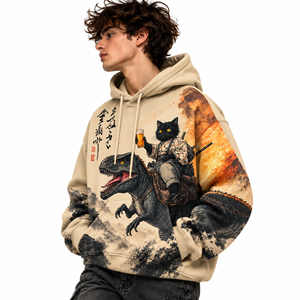 Sweat à capuche surdimensionné pour homme avec motif de chat samouraï japonais et dinosaure, style streetwear anime - Product Image 2