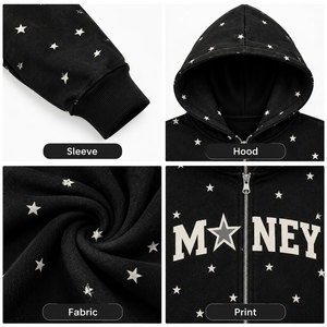 Sweat-shirt à capuche noir pour homme avec fermeture éclair, imprimé étoiles sur toute la surface, motif graphique personnalisé, style décontracté - Product Image 6