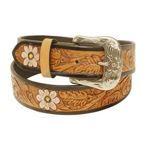 Cinturón de cuero occidental mecanizado a mano de alta calidad Regalo para hombre con cinturón de cuero mecanizado con relieve floral a precio al por mayor - Product Image 2