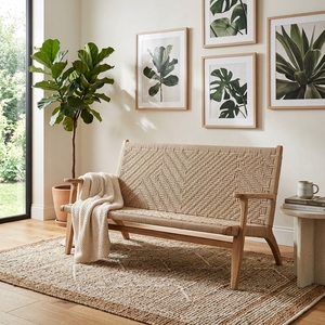 Banc d'appoint deux places en rotin tressé et bois massif, structure en teck naturel, canapé moderne pour salon - Product Image 3