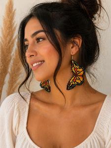 Pendientes colgantes con cuentas, pendientes colgantes de mariposa con cuentas de colores, con patrón amarillo, azul y negro, modernos para mujer - Product Image 3