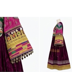Purple Velvet <b>Kurti</b> Embroidered Sleeves Hem Traditional Indian Pakistani Wedding Wear Women's Loose Fit Midi Afghan Kuchi Dress - Product Image 3
